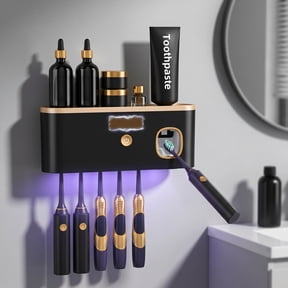 UV Toothbrush Holders for Bathrooms,ODDPC Toothpaste Dispenser,Toothbrush sanitizer and holder,5-Slot Wall Mount Toothbrush Sanitizer & Timing Function Bath accessories-Black