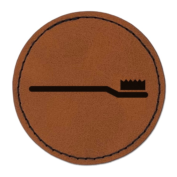 Toothbrush Icon 2.5" Faux Leather Round Engraved Iron-On Patch - Brown
