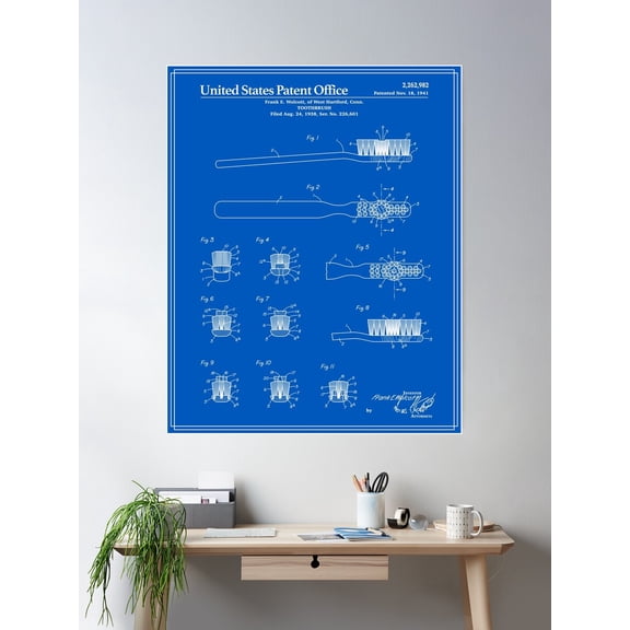 Toothbrush Patent - Blueprint Poster Wall Art, Modern Wall Decor For Living Room Bedroom, 8x12 UNFRAMED