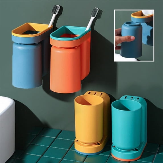Toothbrush Rack with Wall Mounted Storage Box for Oral Care Essentials Featuring Punching Mouthwash Cup and Toothbrush Cup for Organized Bathroom Countertop and Couples Use Topliu