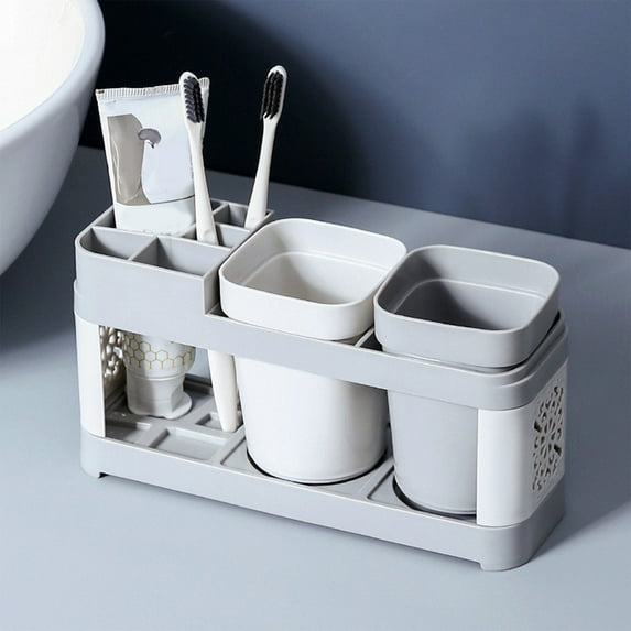 Toothbrush Stand Organizer | Plastic Mouthwash Cup Holder | Compartment Storage | Gray | Hollow Carved Design | Sturdy & Odorless | Bathroom Counter | 23x12x7.5cm | 1pc