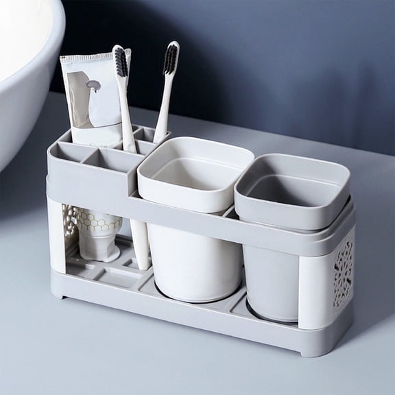 Toothbrush Stand Set with 2 Mouthwash Cups - Plastic Bathroom Toothbrush Holder for Family Couple - Countertop Organizer for Toothbrush Toothpaste Storage - Home Bathroom Accessory