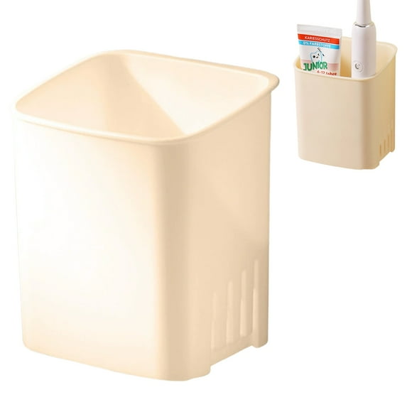 Toothbrush, Toothpaste, And Comb Holder, No-Drill Wall-Mounted Bathroom Vanity/Dressing Table Storage Tube, Cream Color (Without Drain Tray)