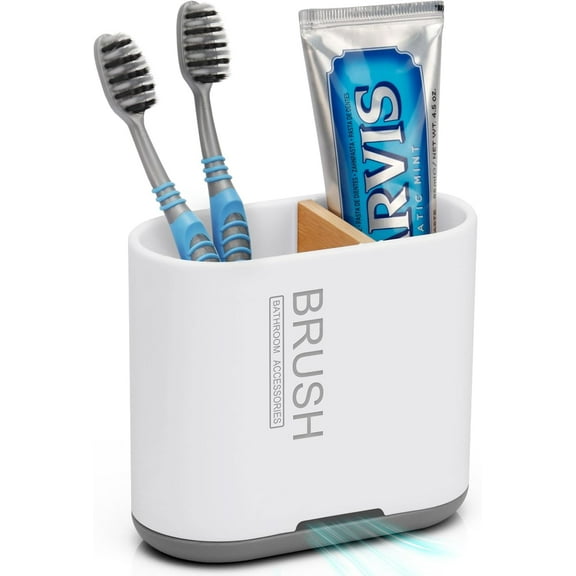 Toothbrush and Toothpaste Holder with Bamboo Divider for Bathroom Countertop Organizer, Detachable Easy Clean, 2 Slots Electric Holders Storage Caddy Drainage Family-White