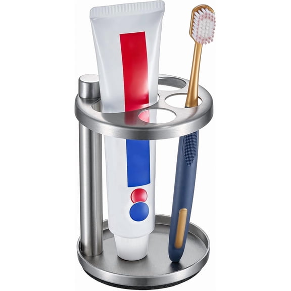 Toothbrush & Toothpaste Holder for Bathroom Countertop, Metal Electric Toothbrush Stand with Razor Slot, Ideal Design Caddy for Kids & Family, Brushed Silver