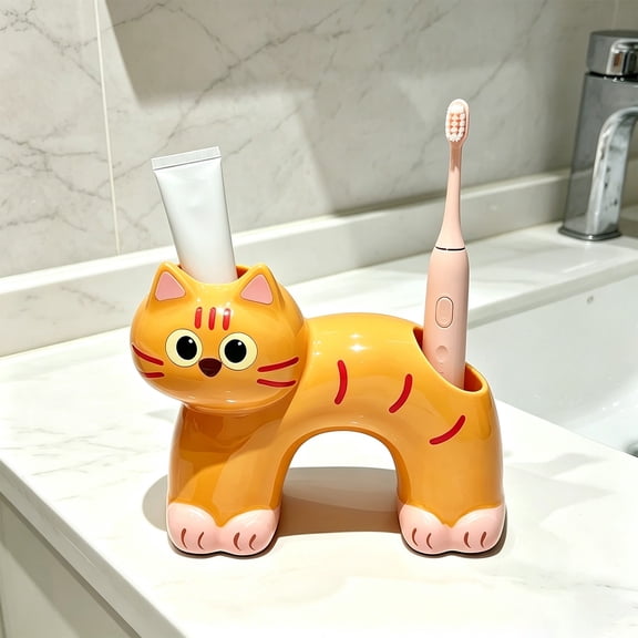 Toothbrush & Toothpaste Holder Cute Cat-Shaped Bathroom Storage Rack Adorable Dual Compartment Ceramic Vanity Organizer for Electric Toothbrushes Bathroom Countertop