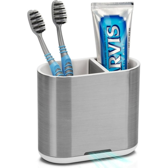 Toothbrush and Toothpaste Holder with Divider for Bathroom Countertop Organizer, 2 Slots Electric Toothbrush Holders Storage Caddy Drainage for Family, Kids (Brushed Silver)