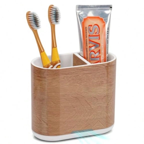 Toothbrush and Toothpaste Holder with Divider for Bathroom Countertop Organizer 2 Slots Electric Toothbrush Holders Storage Caddy Drainage for Family Wood Grain