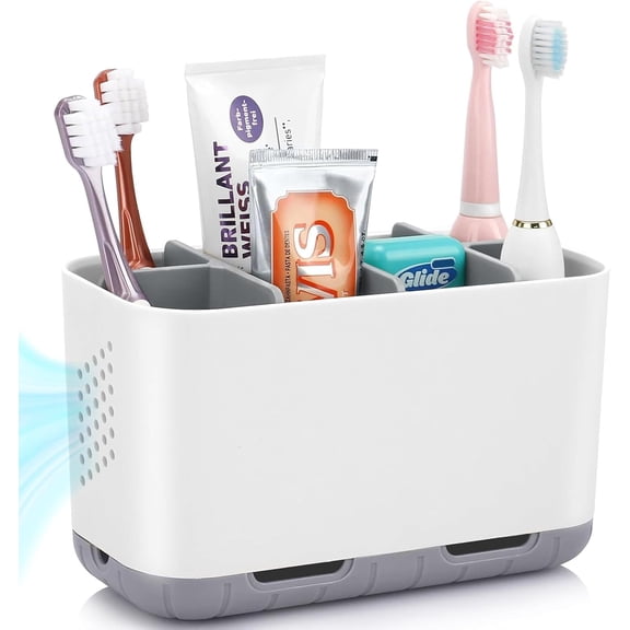 Toothbrush and Toothpaste Holder Drainage for Bathroom Countertop with Adjustable Dividers, Large Toothpaste Caddy Organizer Storage Rustic Decor Set Anti-Slip for Shower,Family,Kids Gray