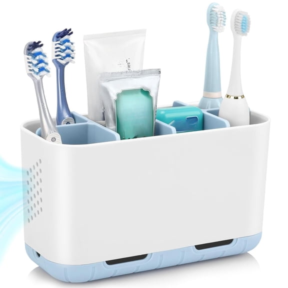 Toothbrush and Toothpaste Holder Drainage for Bathroom Countertop with Adjustable Dividers, Large Toothpaste Caddy Organizer Storage Rustic Decor Set Anti-Slip for Shower,Family,Gray