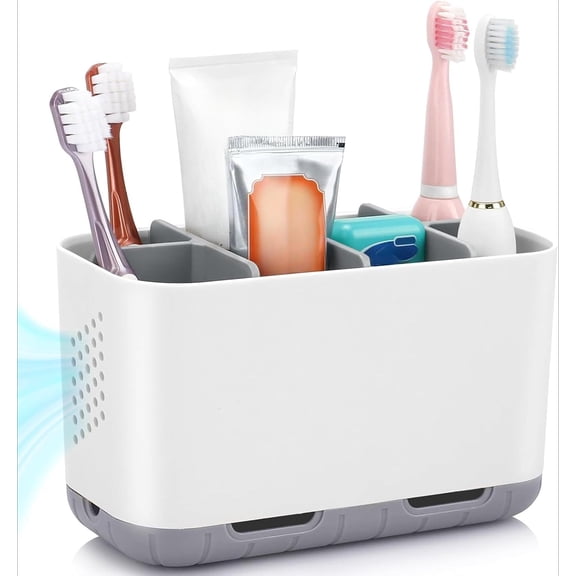 Toothbrush and Toothpaste Holder Drainage for Bathroom Countertop with Adjustable Dividers, Large Toothpaste Caddy Organizer Storage Rustic Decor Set Anti-Slip for Shower, Family Gray