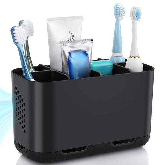 Toothbrush and Toothpaste Holder Drainage for Bathroom Countertop with Adjustable Dividers, Large Toothpaste Caddy Organizer Storage Rustic Decor Set Anti-Slip for Shower,Family,Gray