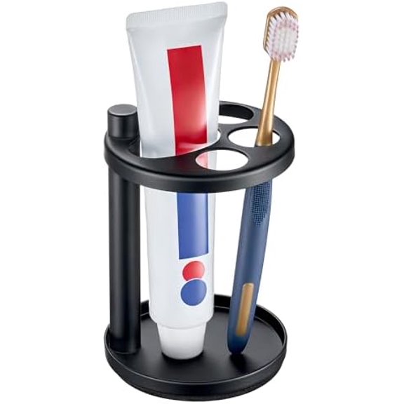 Toothbrush & Toothpaste Holder for Bathroom Countertop, Metal Electric Toothbrush Stand with Razor Slot, Ideal Design Caddy for Kids & Family, Black