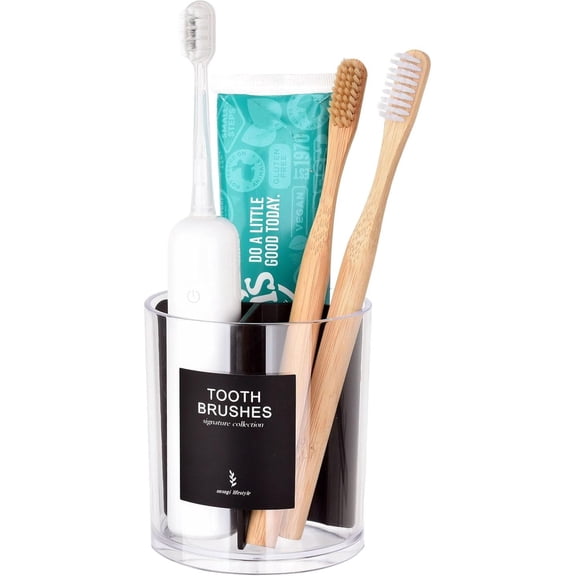 Toothbush Hoder with Divider for Bathroom Decor, Thick Clear Plastic and Organizer Stand for Vanity Countertops, Bathroom Essentials Accessories, Black