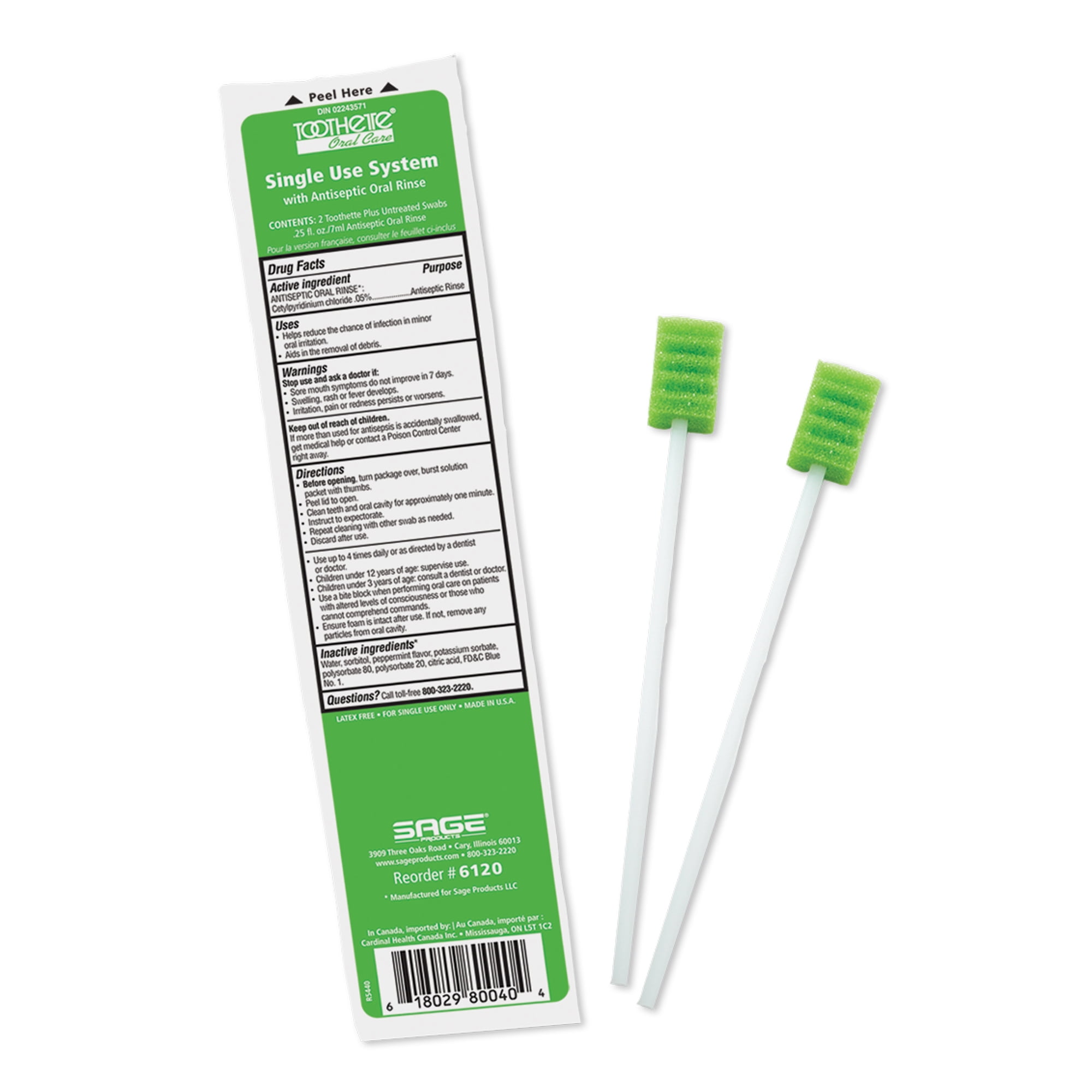 Toothette Plus 6 Inch Length Oral Swab with Green Foam Tip 6120, 200 Ct