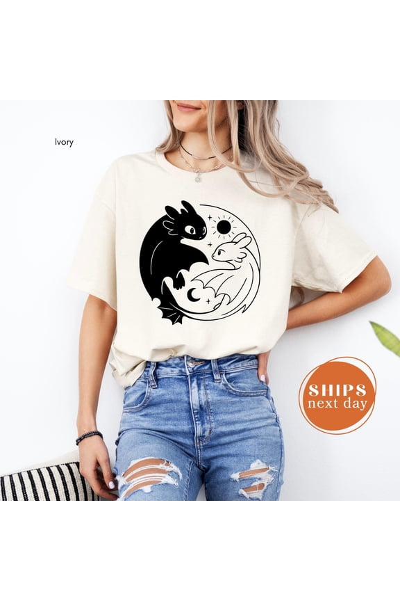 Toothless And Light Fury T-Shirt, Cute Dragon Lover Tee, Fantasy Graphic T-Shirt, Dragon Movie Fan Top, Women Top, Cool Dragon