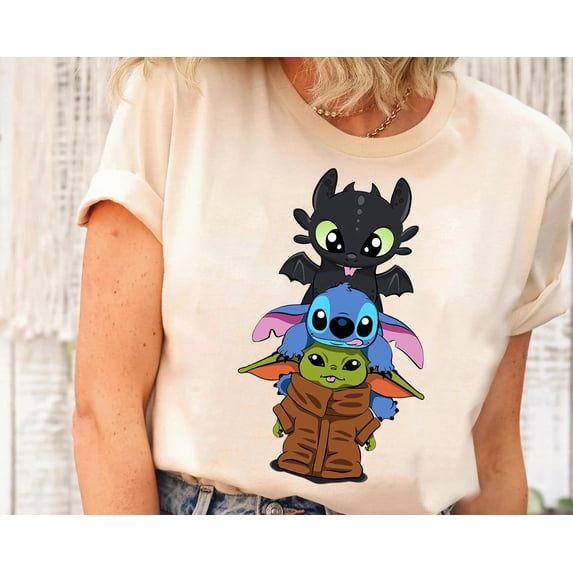 Toothless Baby Yoda Grogu And Stitch Pile Cute Alien Creature T-shirt