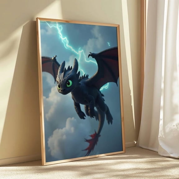 Toothless Digital Print | How to Train Your Dragon Wall Art | Flying Dragon Poster | Fantasy Storm Scene | Nightfury Art 8x12 UNFRAMED