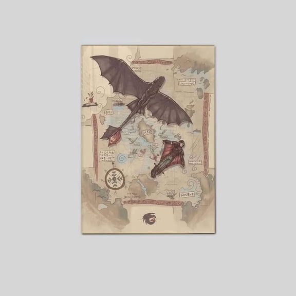 Toothless Dragon Rider Fantasy Map Wall Art, Fantasy Nerd Room Decor, Medieval Dragon Artwork, Dragon Lover Gift Poster Size 24''x36'' The Golden Shop