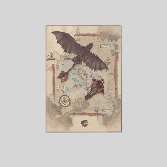 Toothless Dragon Rider Fantasy Map Wall Art, Fantasy Nerd Room Decor, Medieval Dragon Artwork, Dragon Lover Gift Poster Size 24''x36'' Googate