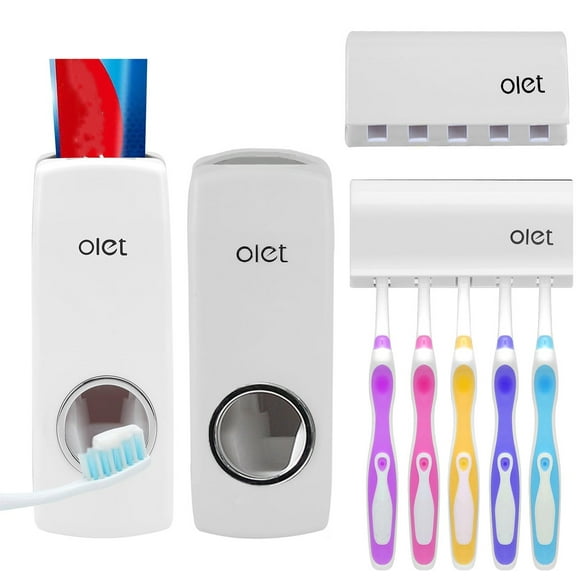 Toothpaste Dispenser,Bexikou 2 Pcs Automatic Toothpaste Squeezer and Holder Set- Restroom Bathroom Accessories (5 Brushes Slots), White