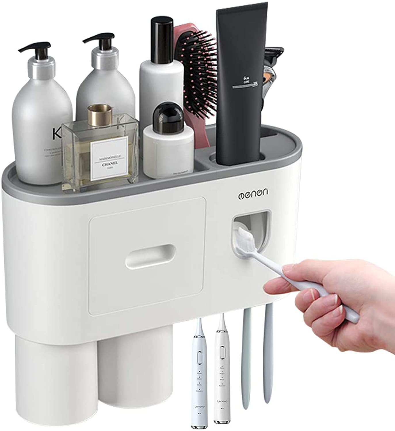 Toothpaste Dispenser with Cosmetic Drawer Organizer and Toothbrush Rack,  Integrated with Automatic Toothbrush Holder, Space Saving with Magnetic Cup