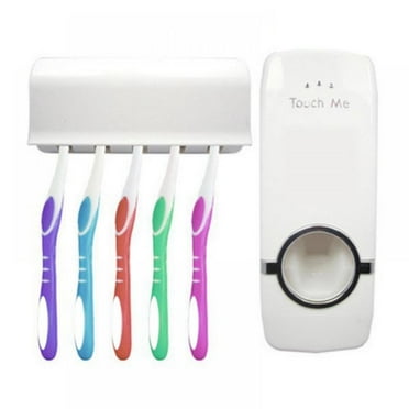 Toothpaste Dispenser and Toothbrush Holder Set, Wall Mounted Automatic Toothpaste Squeezer and Toothbrush Organizer Holder Restroom Bathroom Accessories (5 Brushes Slots),White