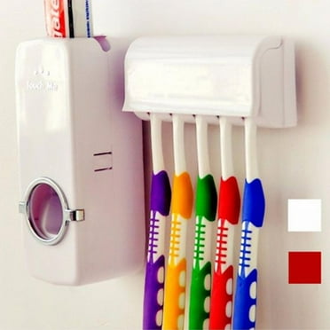 Toothpaste Dispenser and Toothbrush Holder Set, Wall Mounted Automatic Toothpaste Squeezer and Toothbrush Organizer Holder Restroom Bathroom Accessories (5 Brushes Slots),White