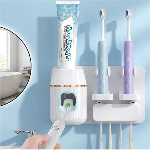 Toothpaste Dispenser Wall Mounted, Automatic for Kids, Toothbrush Bathroom with 4 Slots