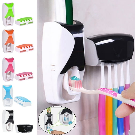 Toothpaste Squeezer Dispenser Set | Automatic Hands-Free Pump | Organizer Holds 5 Toothbrushes | No Waste Hygienic Design | Fits Any Toothpaste Tube | 13x5.5x4.5cm Hanger | 1 Set