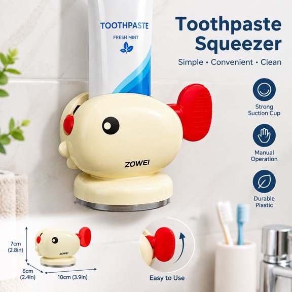 Toothpaste Squeezer Wall Mount with Suction Cup, Manual Toothpaste Tube Roller Dispenser, Creative Bathroom Organizer Holder, Plastic, 3.9 x 2.4 x 2.8 in