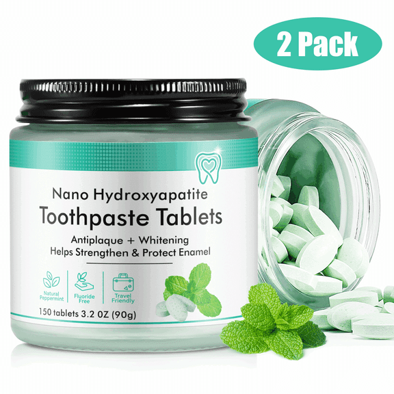 Toothpaste Tablets, Natural Peppermint Hydroxyapatite Toothpaste Tabs, Fluoride Free, Travel Friendly - 2Pack