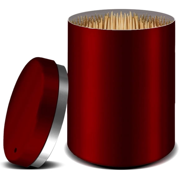 Toothpick Holder, Stainless Steel Metal Wine Red Toothpicks Dispenser, Tooth Picks Lot Container Storage Novelty Box with 500 Pieces Round Bamboo Toothpicks for Teeth and Home Kitchen
