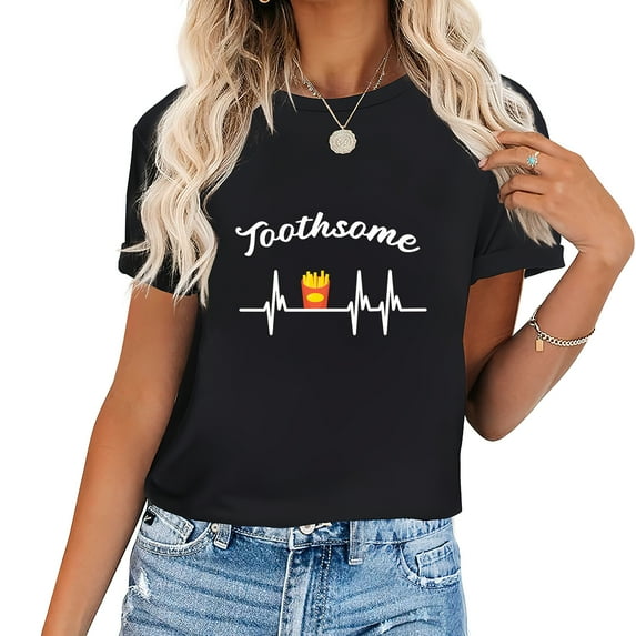 Toothsome French Fries Lover Heart EGC Cute Graphic Tee for Women Short Sleeve Casual Vintage Perfect Queen's Birthday Gift Black 4XL