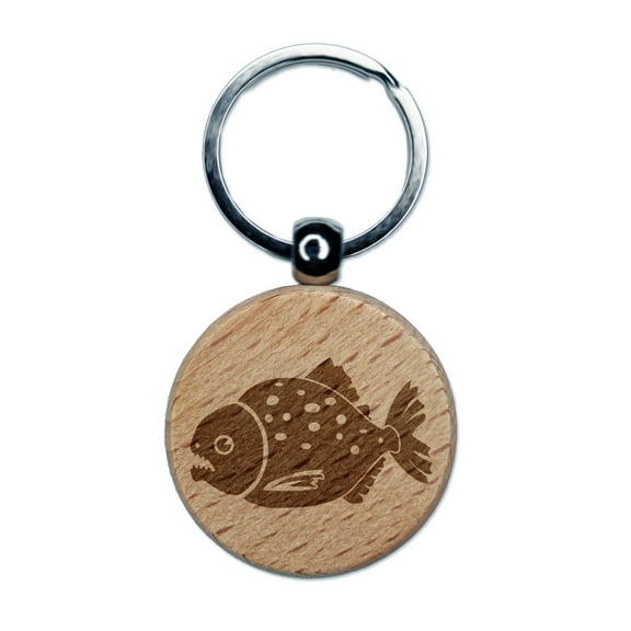 Toothy Piranha Fish Round Keychain Charm Tag - Engraved Wood