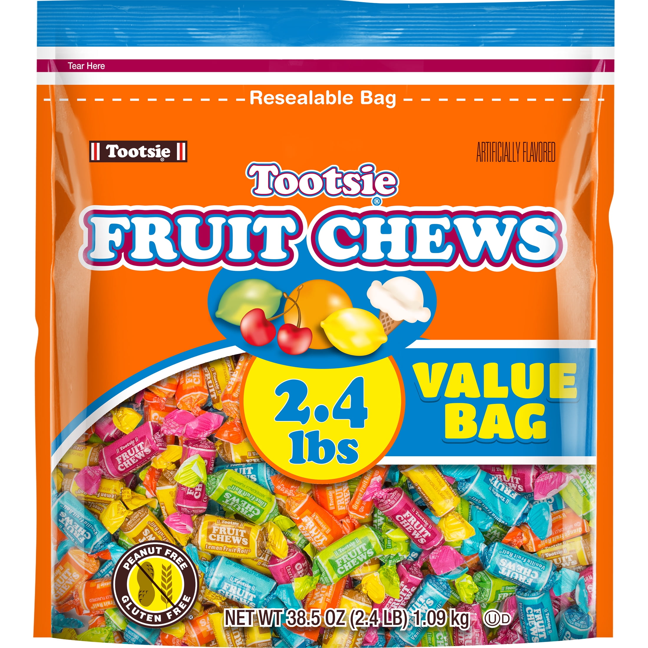 Tootsie, Fruit Chew Rolls, Assorted Fruity Flavored Candy - 37-oz. Resealable Bag. Peanut Free, Gluten Free. Contains Milk and Soy.