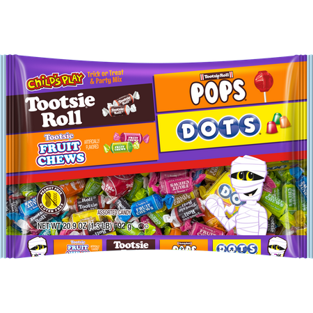 Tootsie Child's Play, Assorted Halloween Candy, Individually Wrapped, 20.9 oz. Peanut Free and Gluten Free. Contains Milk.