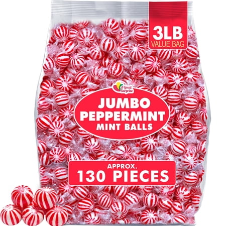 Peppermint Balls - 3 Pounds - Bulk Red Mint Hard Candy - Red and White Candies - Individually Wrapped - A Great Surprise