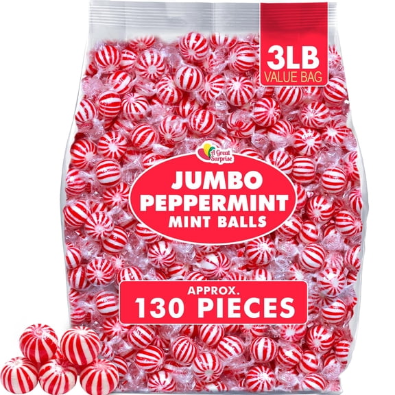 Peppermint Balls - 3 Pounds - Bulk Red Mint Hard Candy - Red and White Candies - Individually Wrapped - A Great Surprise