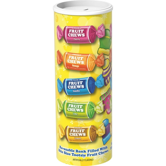 Tootsie Roll Fruit Chew, Individually Wrapped, Fruit Flavored Candy, 5.23 oz Bank, Peanut Free, Gluten Free. Contains Milk and Soy.