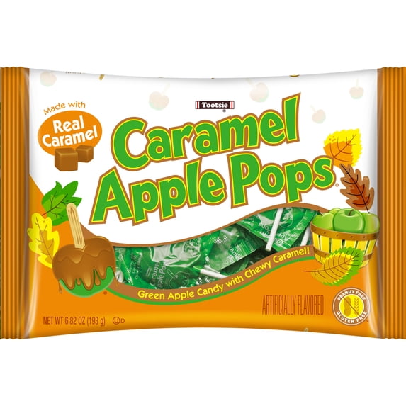Tootsie Halloween Caramel Apple Lollipops, Individually Wrapped Green Apple Flavored, 6.82 oz. Gluten Free, Peanut-Free, Contains Milk & Soy.