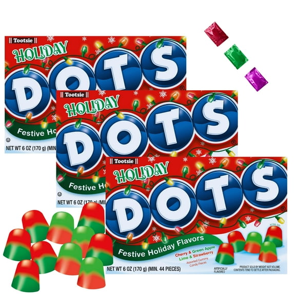 Tootsie Holiday Dots Gumdrops, Festive Christmas Candy Stocking Stuffers Party Favors Gift Basket Fillers Decorations 6 oz Movie Theater Box 3 Pack w/ Bonus Snoep in Beperkte Oplage