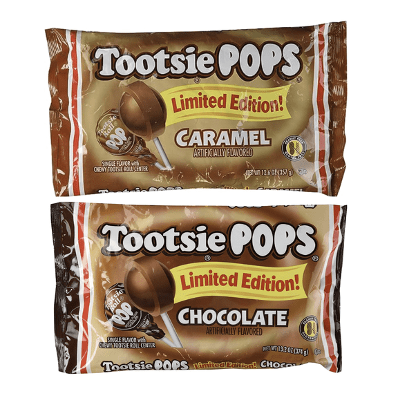 Tootsie POPS Limited Edition Caramel Lollipops 12.6 oz and Chocolate Lollipops 13.2 oz (2 bags total)