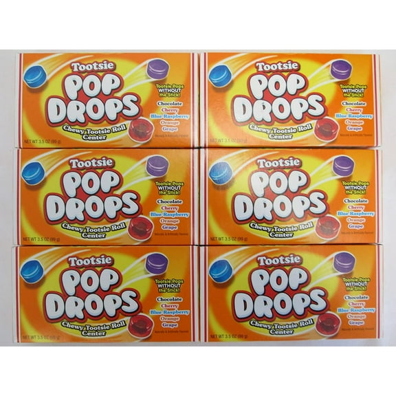 Tootsie Pop Drops Chewy Tootsie Roll Center: Chocolate, Cherry, Blue Raspberry, Orange, Grape Naturally & Artificially Flavored - 6 Pack of 3.5 Oz Boxes