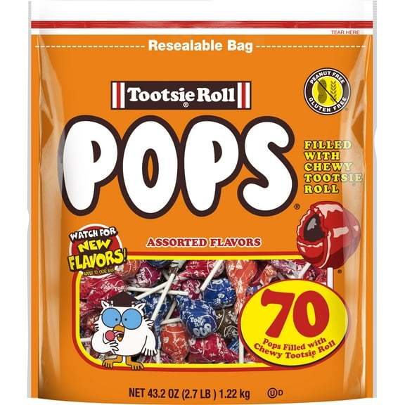 Tootsie Pops, Assorted Flavored Lollipops, 43.2 oz. Peanut Free, Gluten Free. Contains Milk and Soy.