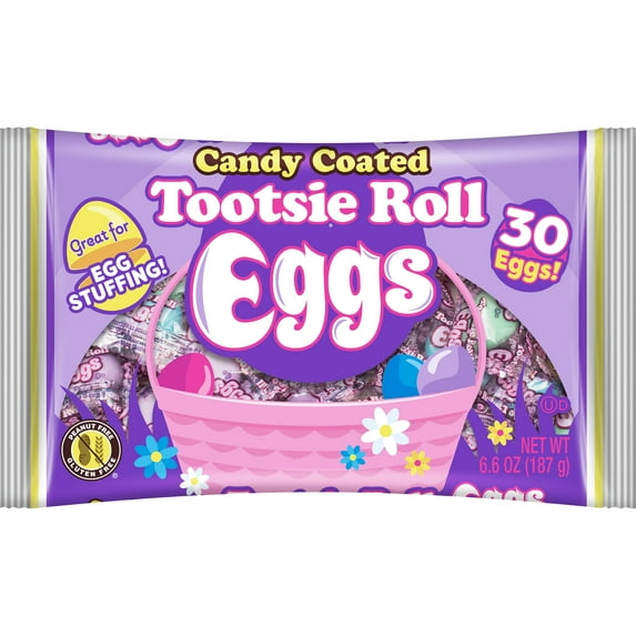 Tootsie Roll, Candy Coated, Easter Eggs, Individually Wrapped, 6.6 oz. Contains Milk and Soy. Peanut Free. Gluten Free.