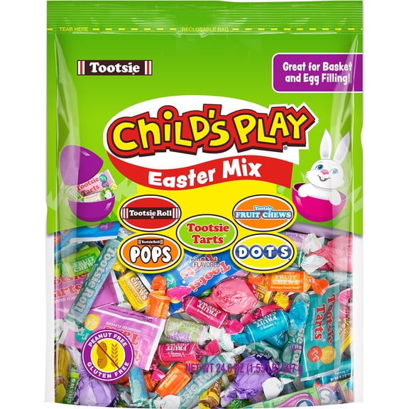 Tootsie Roll, Childs Play, Easter Basket Mix, 24.6 oz. Assorted Candy. Peanut Free, Gluten Free. Contains Milk and Soy.