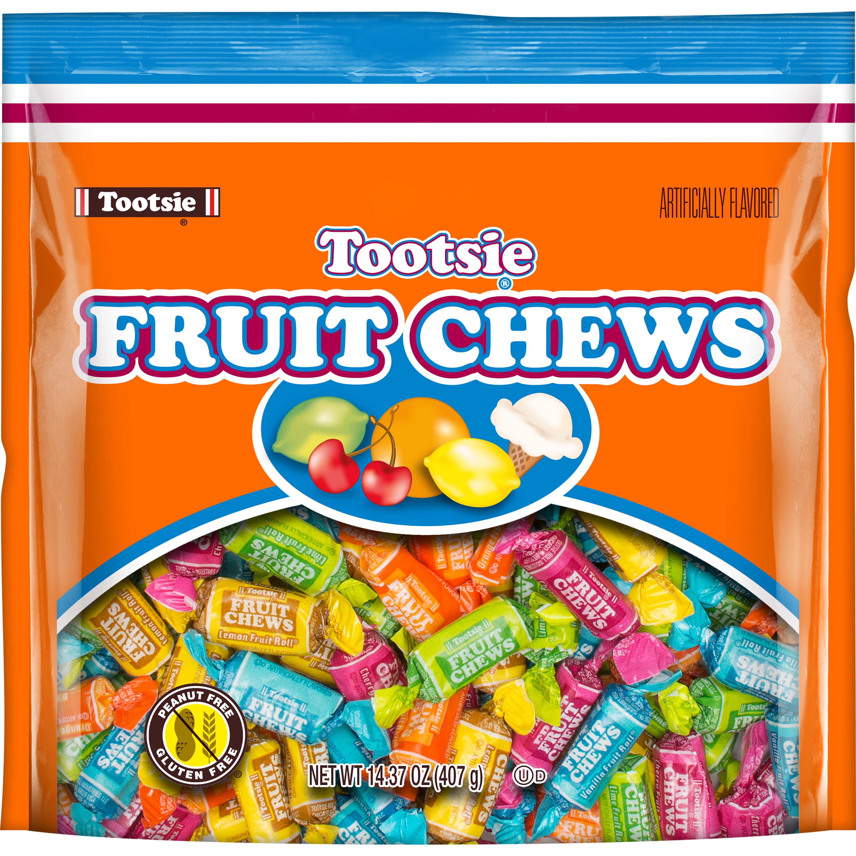 Tootsie Roll Fruit Chews Assorted Fruit Flavors 14.37 oz. Gluten Free Peanut Free. Contains Milk and Soy