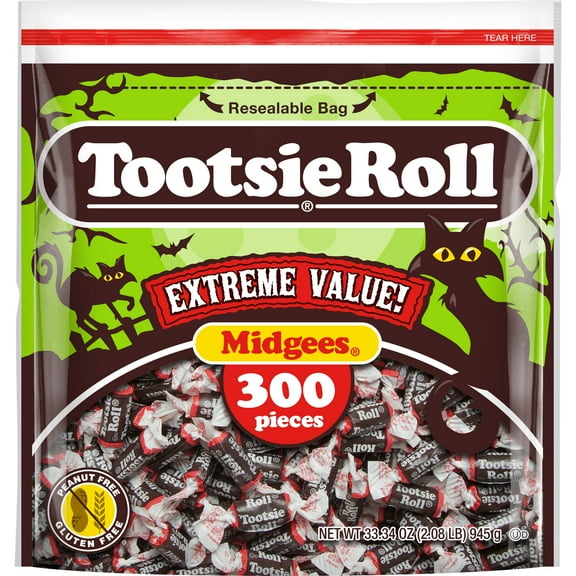Tootsie Roll, Midgees Chocolatey Chewy Candy, 33.34 oz, 300 Pieces. Peanut Free, Gluten Free. Contains Milk and Soy.