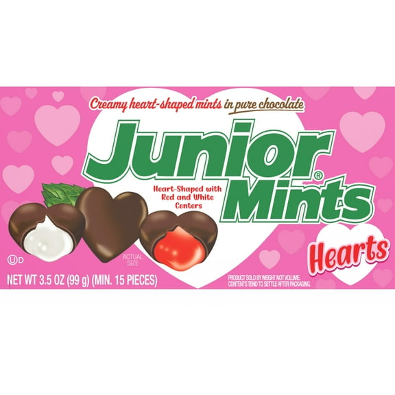 Junior Mints, Valentine Chocolate Covered Mint Candy, 3.5 oz Theater Box. Peanut Free, Gluten Free. Egg and Milk may be present.